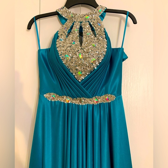 Long formal blue with gem accent gown - Picture 2 of 5